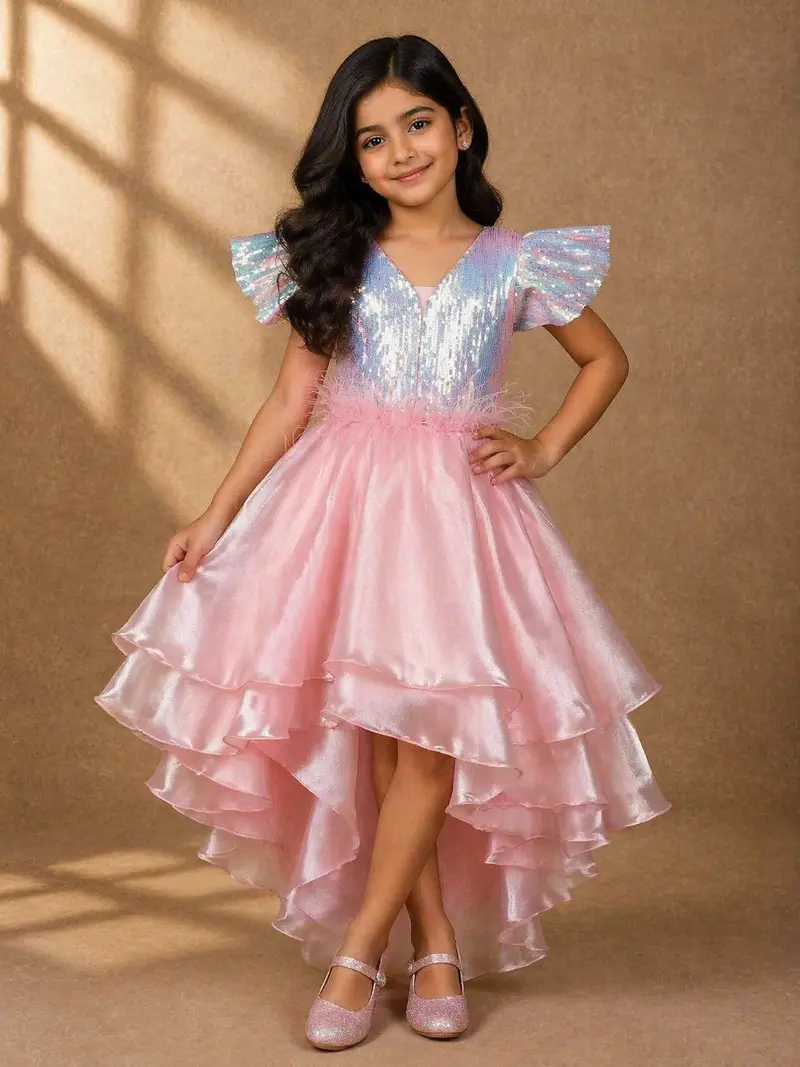 Pink Sequin Designed Party Gown For Girls 1