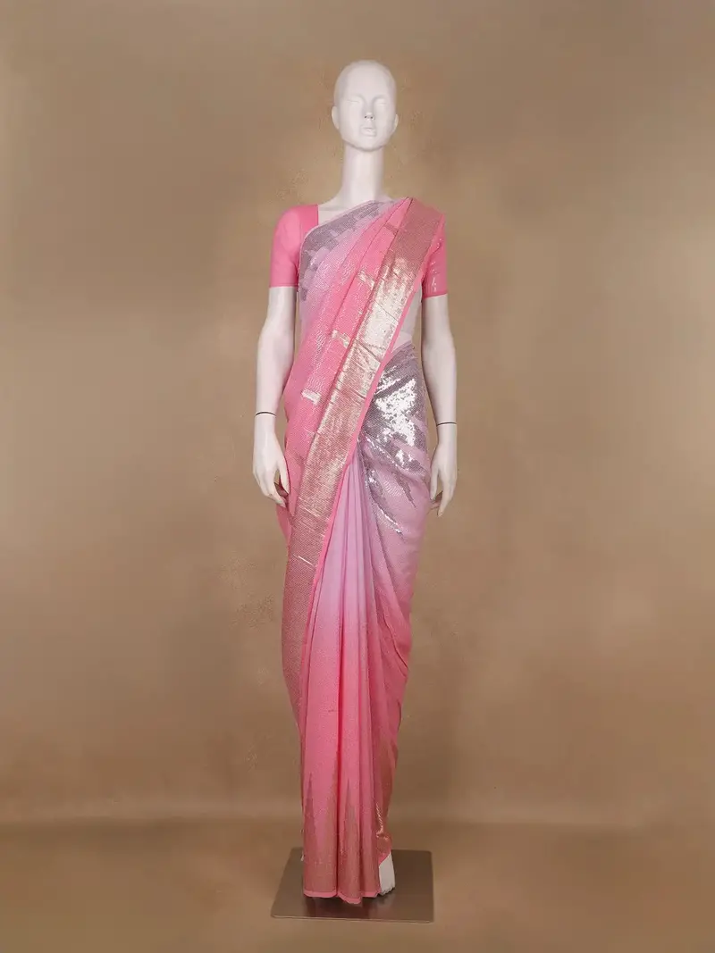 Pink Sequin Embellished Chiffon Saree 1