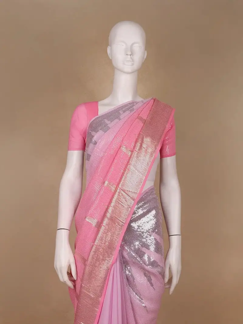 Pink Sequin Embellished Chiffon Saree 2