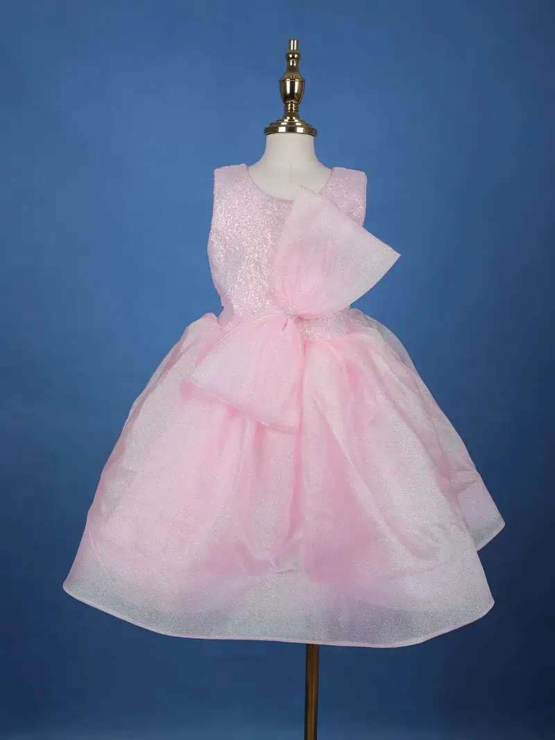 Pink Sequin Embellished Party Wear Organza Frock With Oversized Bow 1