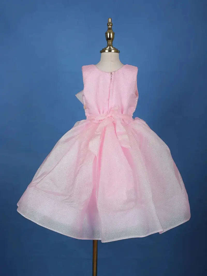 Pink Sequin Embellished Party Wear Organza Frock With Oversized Bow 2