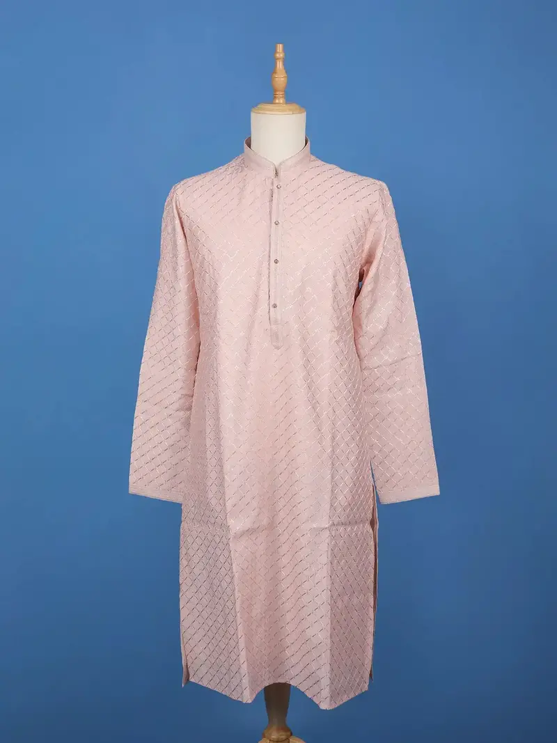 Pink Sequin Embroidered Cotton Kurta For Men 1