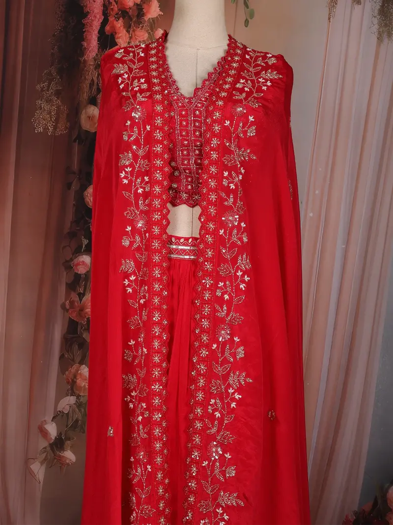 Pink Sequins And Beads Embroidered Satin Skirt Top 2