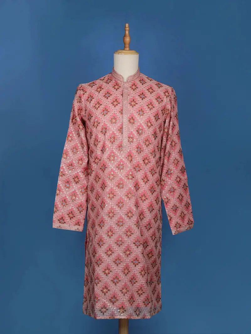Pink Sequins And Floral Embroidery Cotton Kurta Set With Pant 1