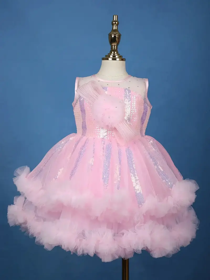 Pink Sequins Design Net Layered Frock 1