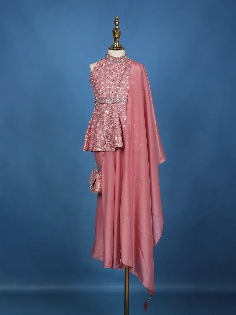 Pink Sequins Embroidered Silk Peplum Kids Palazzo Suit With Dupatta And Purse 1