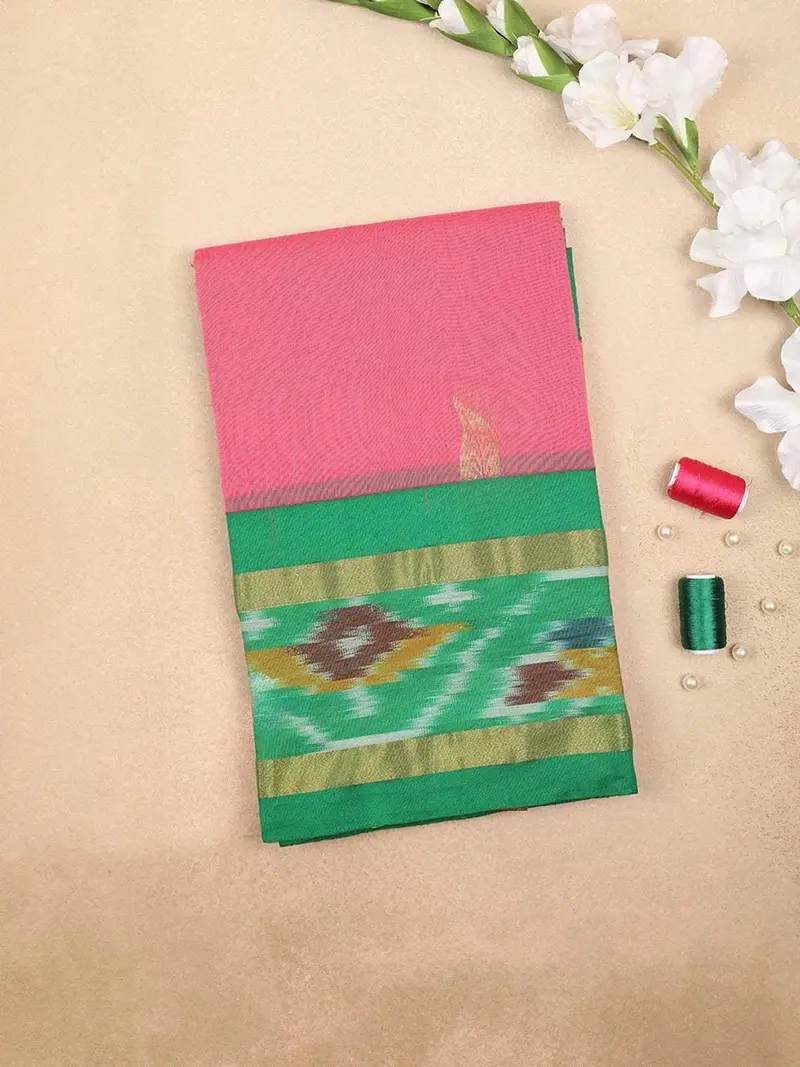 Pink Silk Cotton Saree With Leaf Motif On The Body With Designed Contrast Border 1