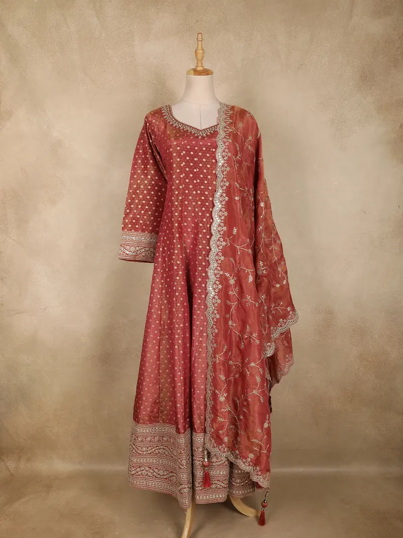 Pink Small Floral Butta Woven Tissue Banarasi Gown With Dupatta 1