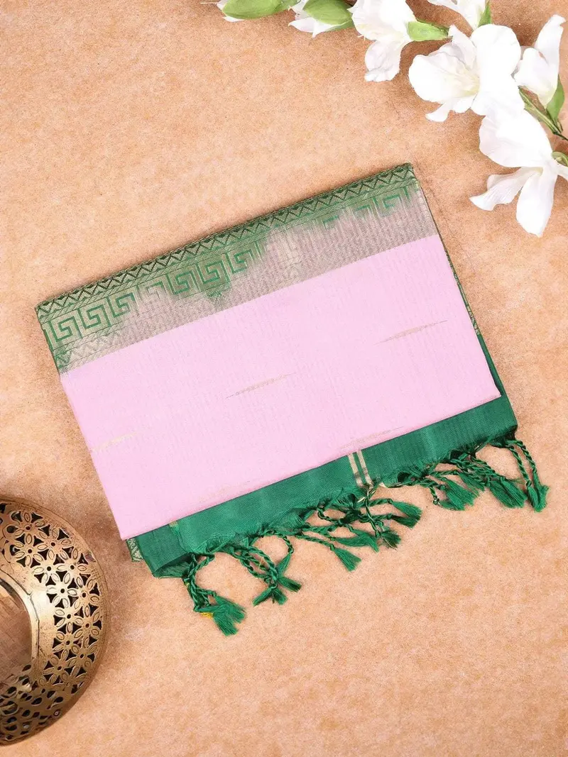Pink Soft Silk Saree With Zari Butta Design On The Body With Contrast Border 1
