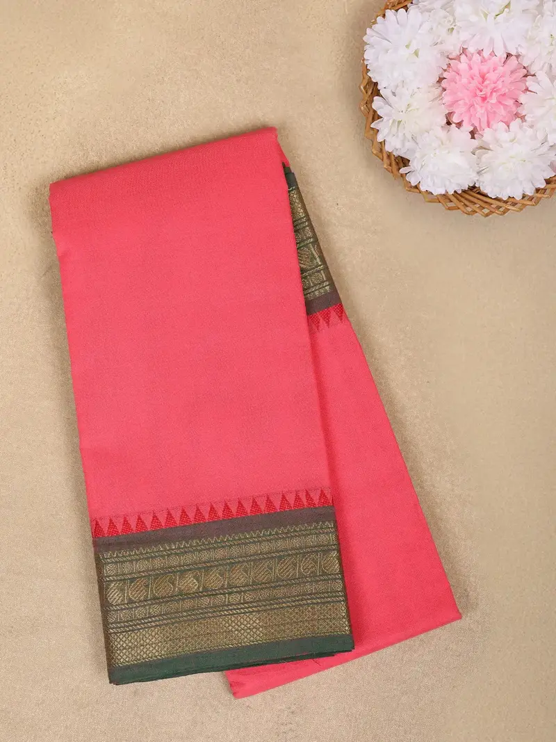 Pink Solid Design Cotton Saree With Contrast Green Zari Border 1