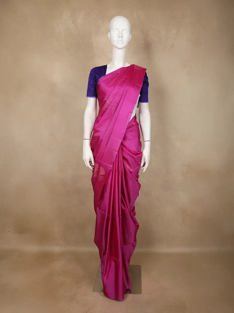 Pink Solid Soft Silk Saree With Contrast Purple Zari Pallu And Blouse 1