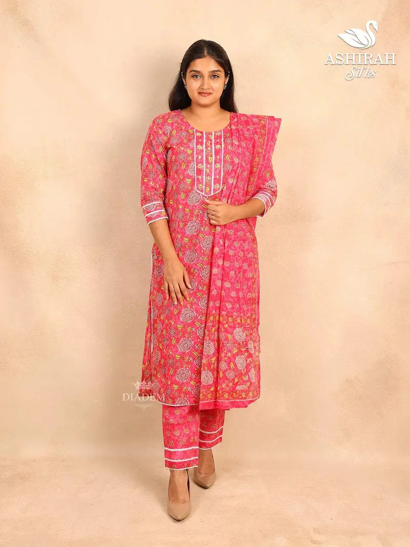 Pink Straight Cut Cotton Salwar Suit With Floral Prints And Thread Work Paired With Dupatta 1
