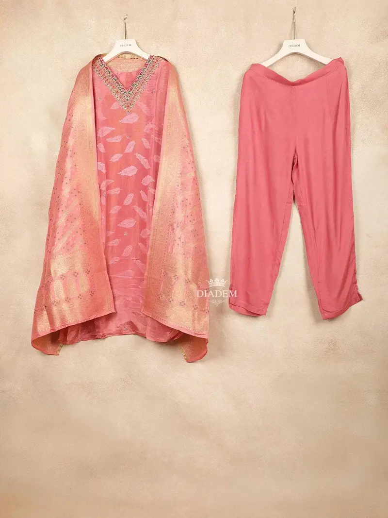 Pink Straight Cut Salwar Suit Adorned With Embroidery And Printed Feather Design With Dupatta 1