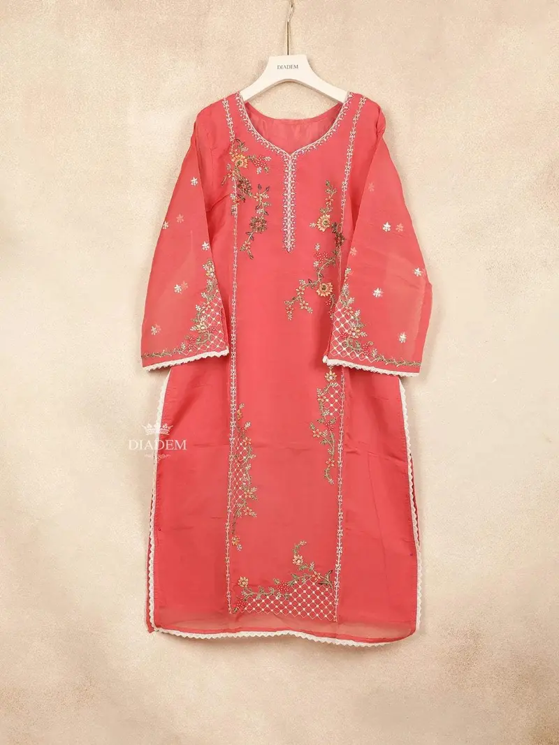 Pink Straight Cut Salwar Suit Adorned With Thread And Embroidery Floral Design With Dupatta 2