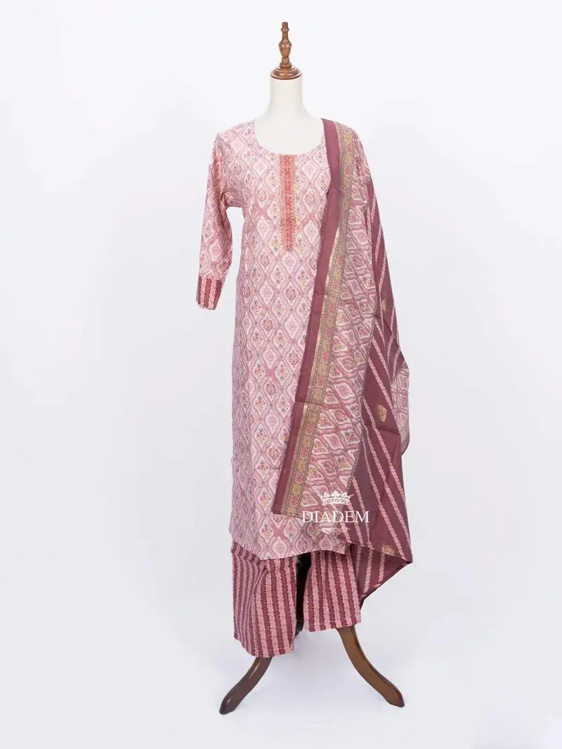 Pink Straight Cut Salwar Suit Enhanced With Floral Prints And Thread Work Along With Dupatta 1