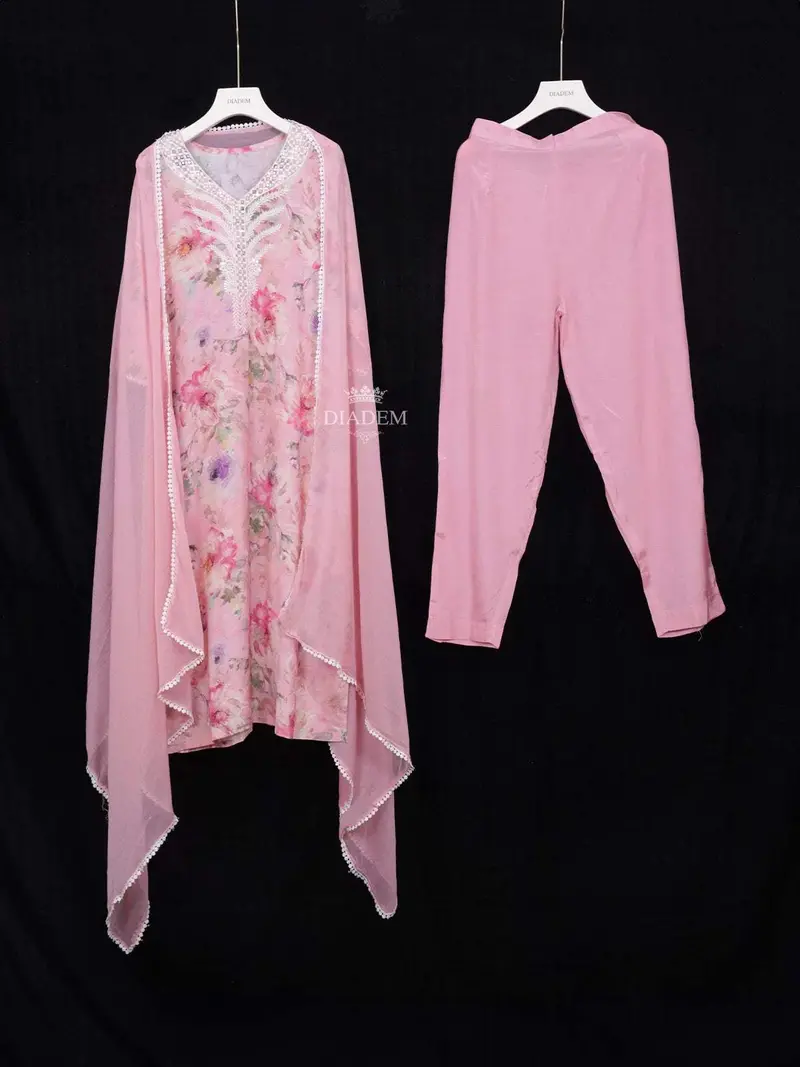 Pink Straight Cut Salwar Suit For Girls Adorned With Beads And Floral Design With Dupatta 1