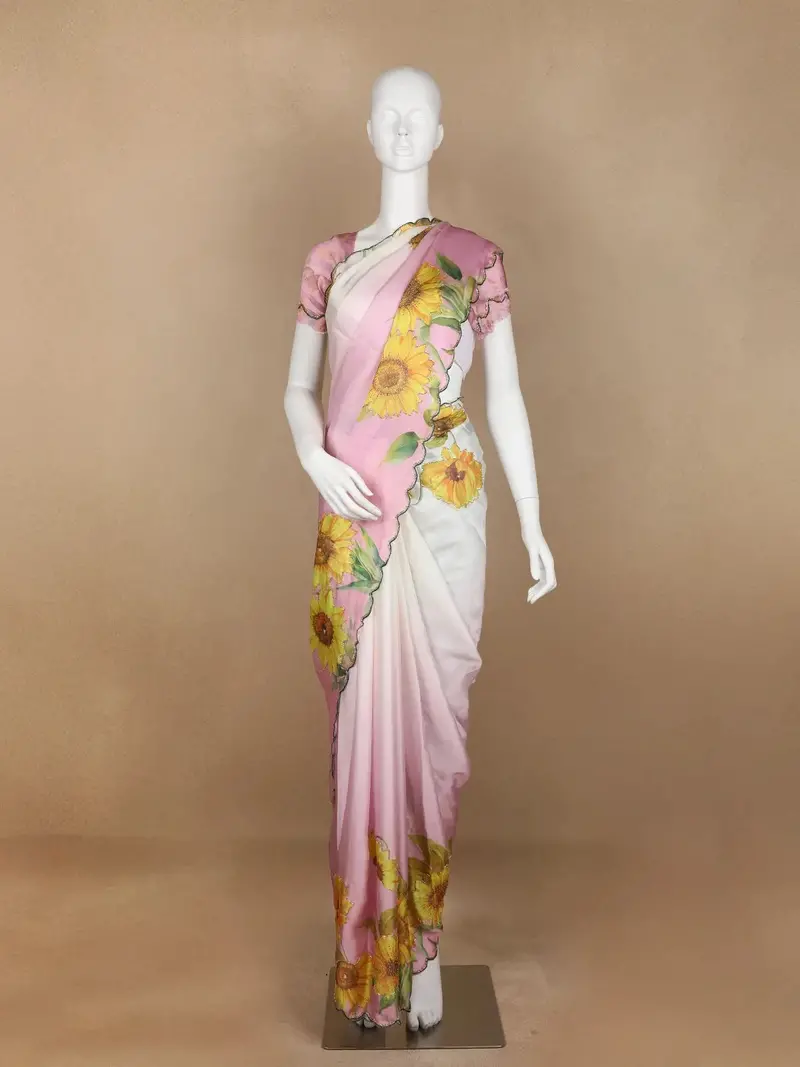 Pink Sun Flower Designed Satin Fancy Saree 1