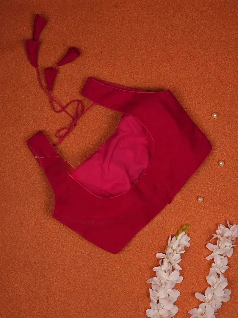 Pink Velvet Readymade Blouse Adorned With Plain And Sleeveless Design 1