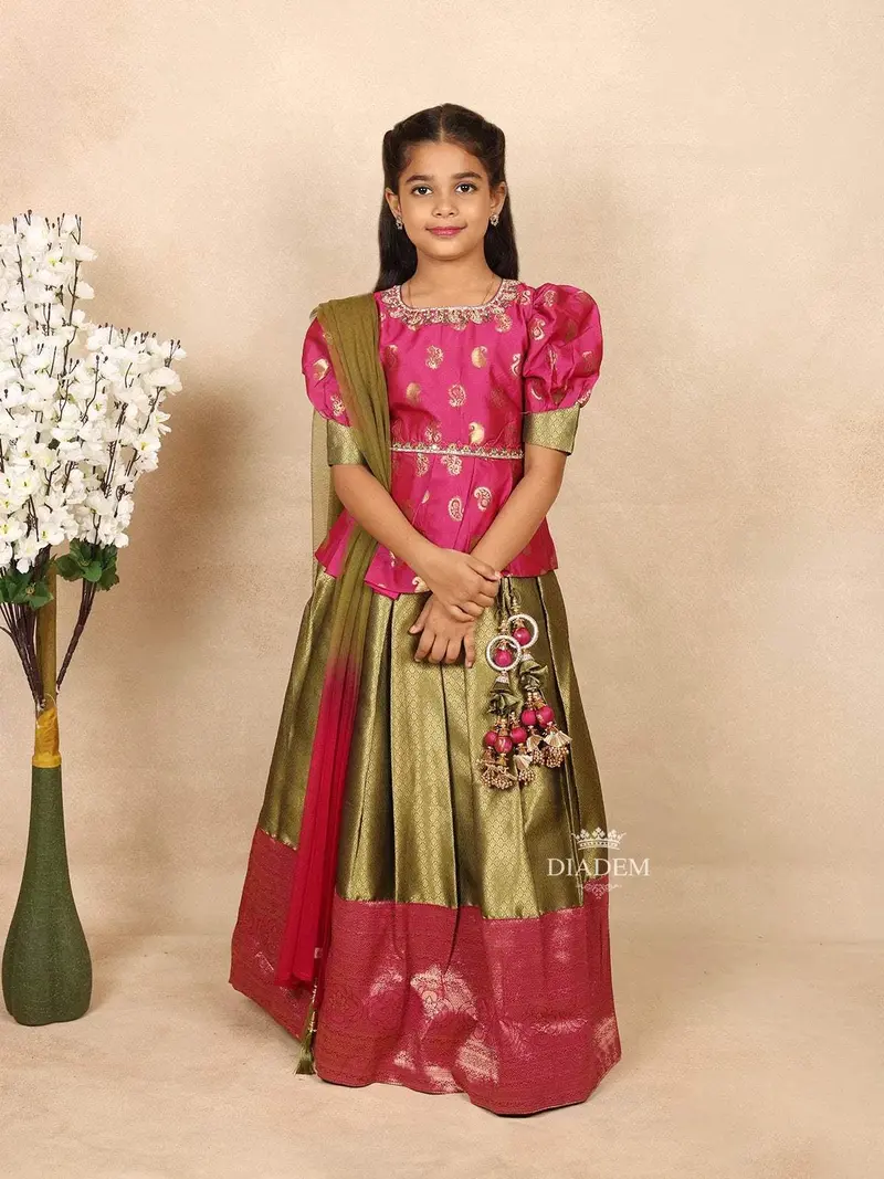 Pink With Green Silk Pavada Sattai Set With Floral Design On The Body And Dupatta 1