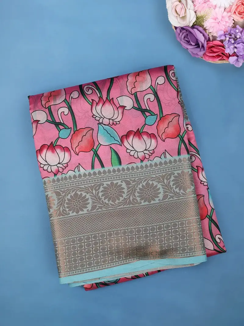 Pink With Multicolor Floral Print Tissue Silk Saree 1