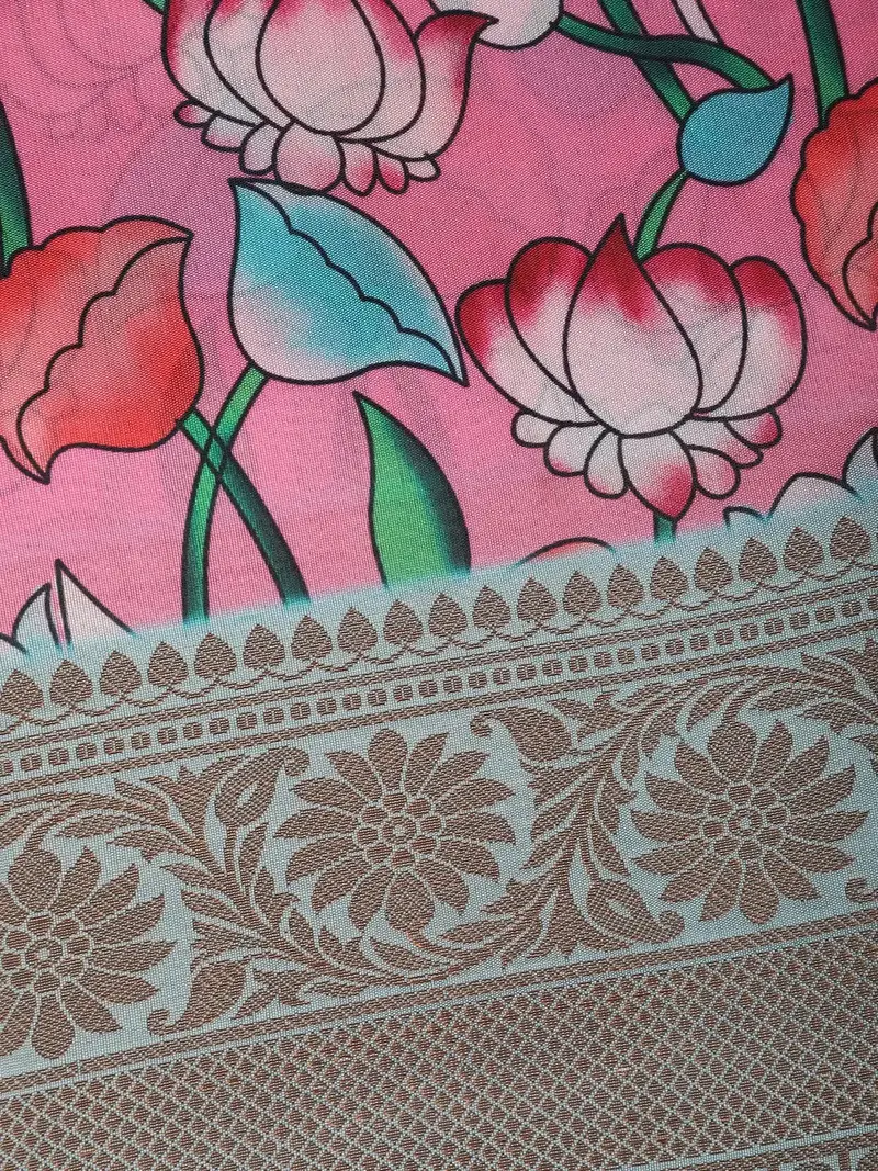 Pink With Multicolor Floral Print Tissue Silk Saree 2