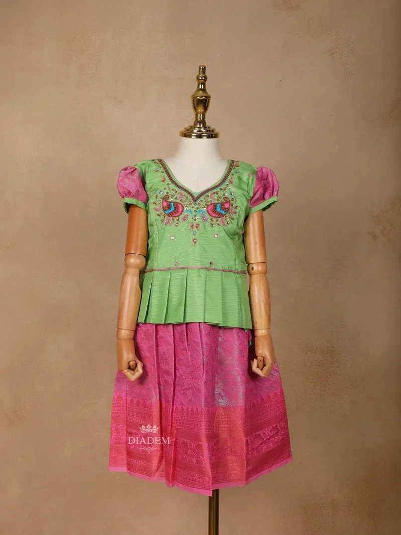Pink With Pista Green Silk Pattu Pavadai Adorned With Embroidery And Zariwork 1