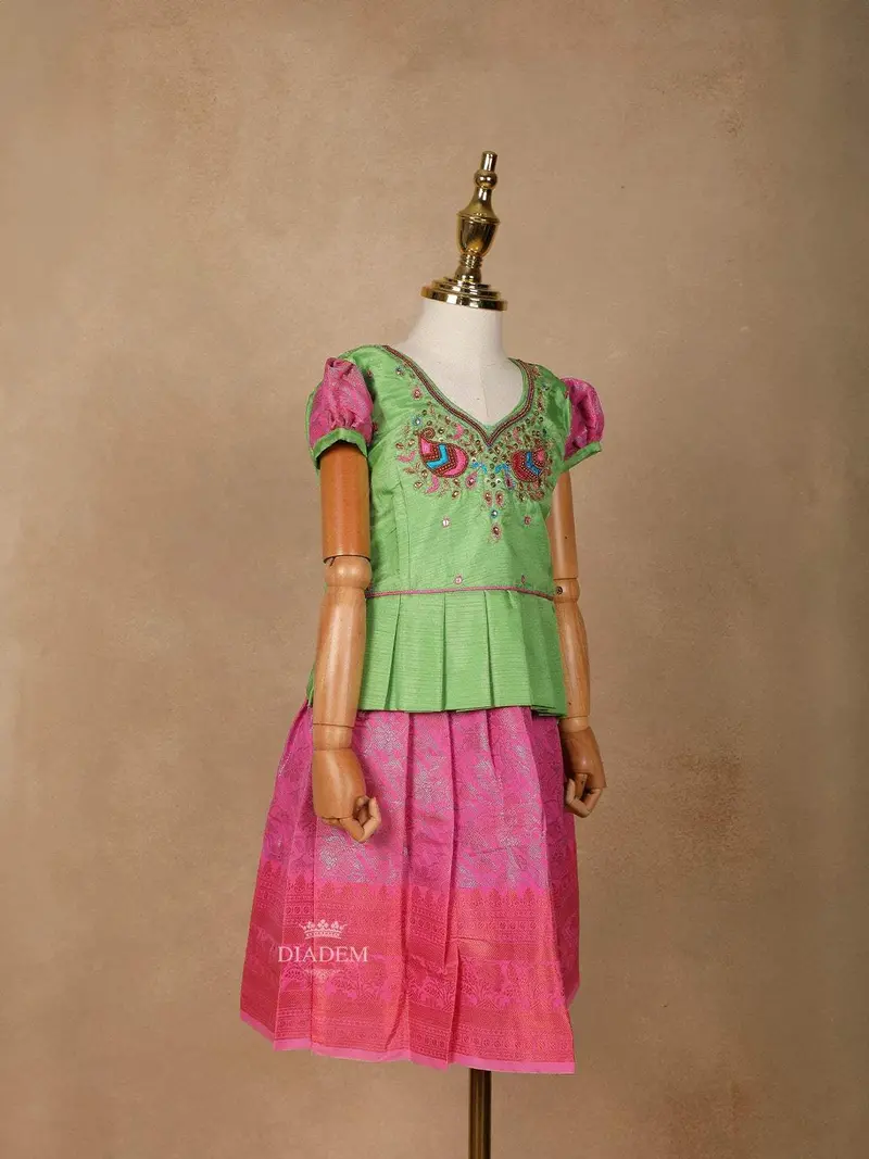 Pink With Pista Green Silk Pattu Pavadai Adorned With Embroidery And Zariwork 2