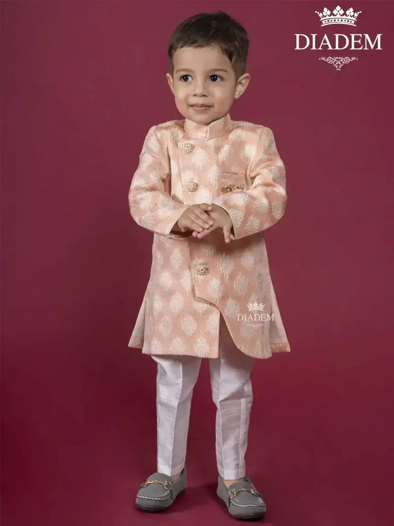Pinkish Tan Indo Western Sherwani Enhanced In Brocades With Brooch 1