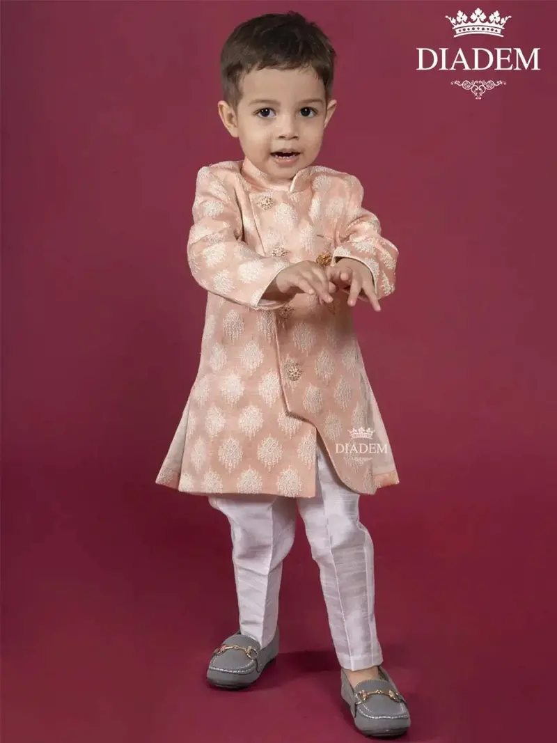 Pinkish Tan Indo Western Sherwani Enhanced In Brocades With Brooch 2