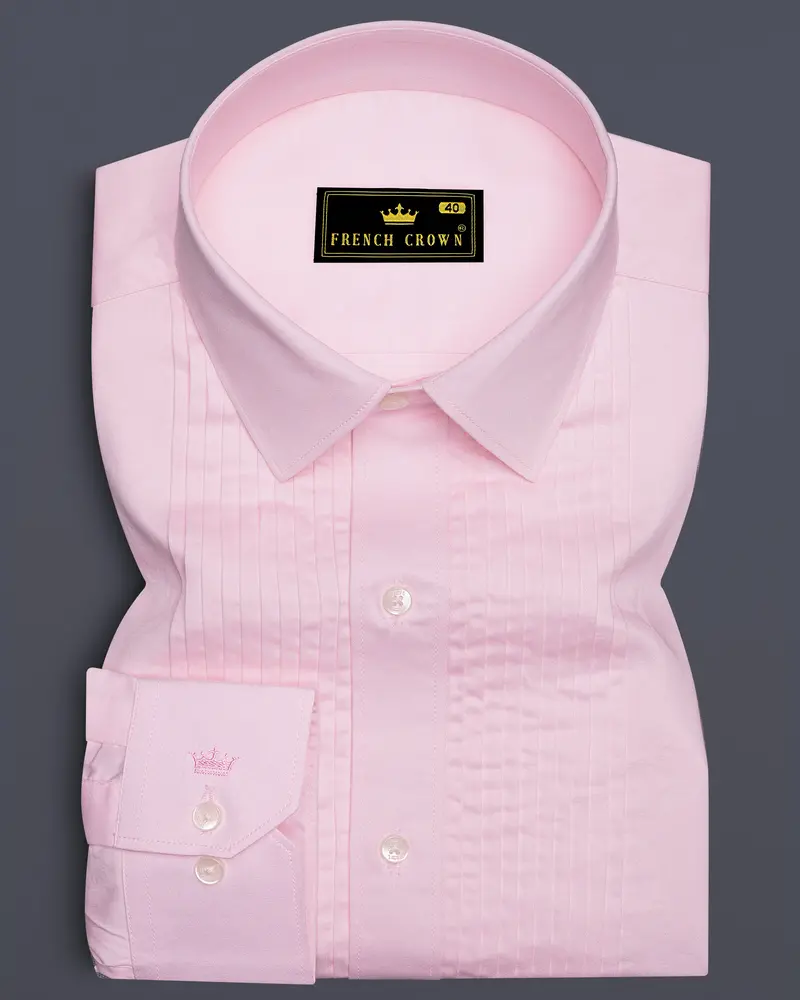 Pinocchio Pink Subtle Sheen Snake Pleated Super Soft Premium Cotton Tuxedo Shirt 1