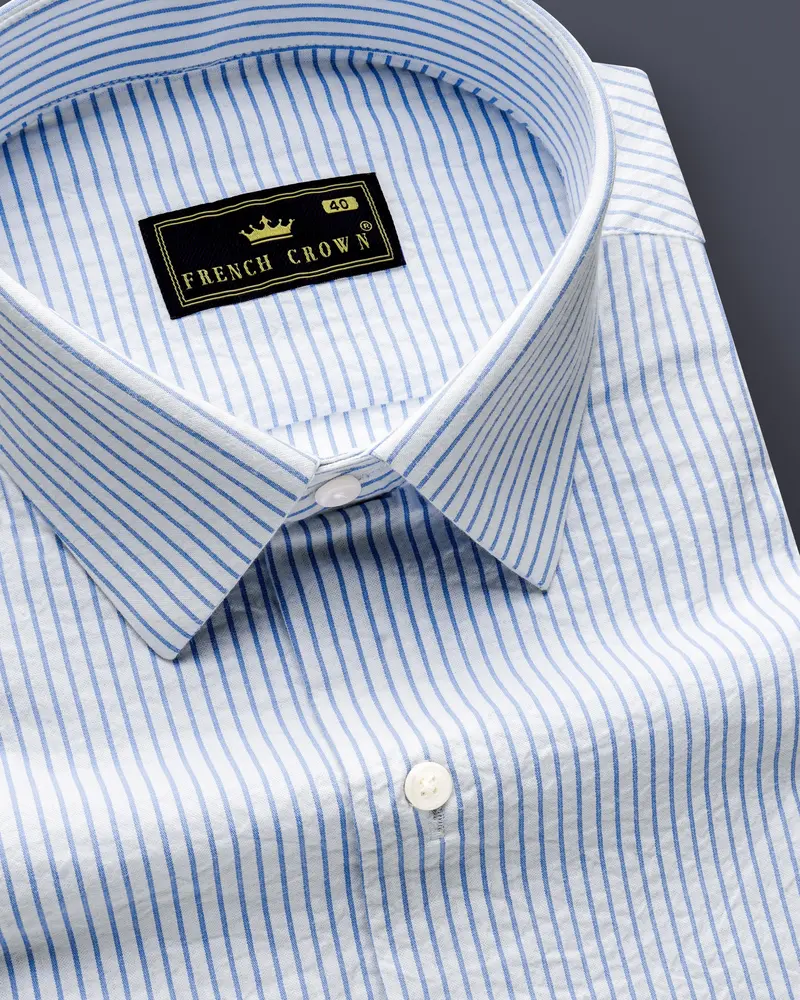 Pinzaro-Spindle Blue And Bright White Striped Seersucker Giza Cotton Dress Shirt 1