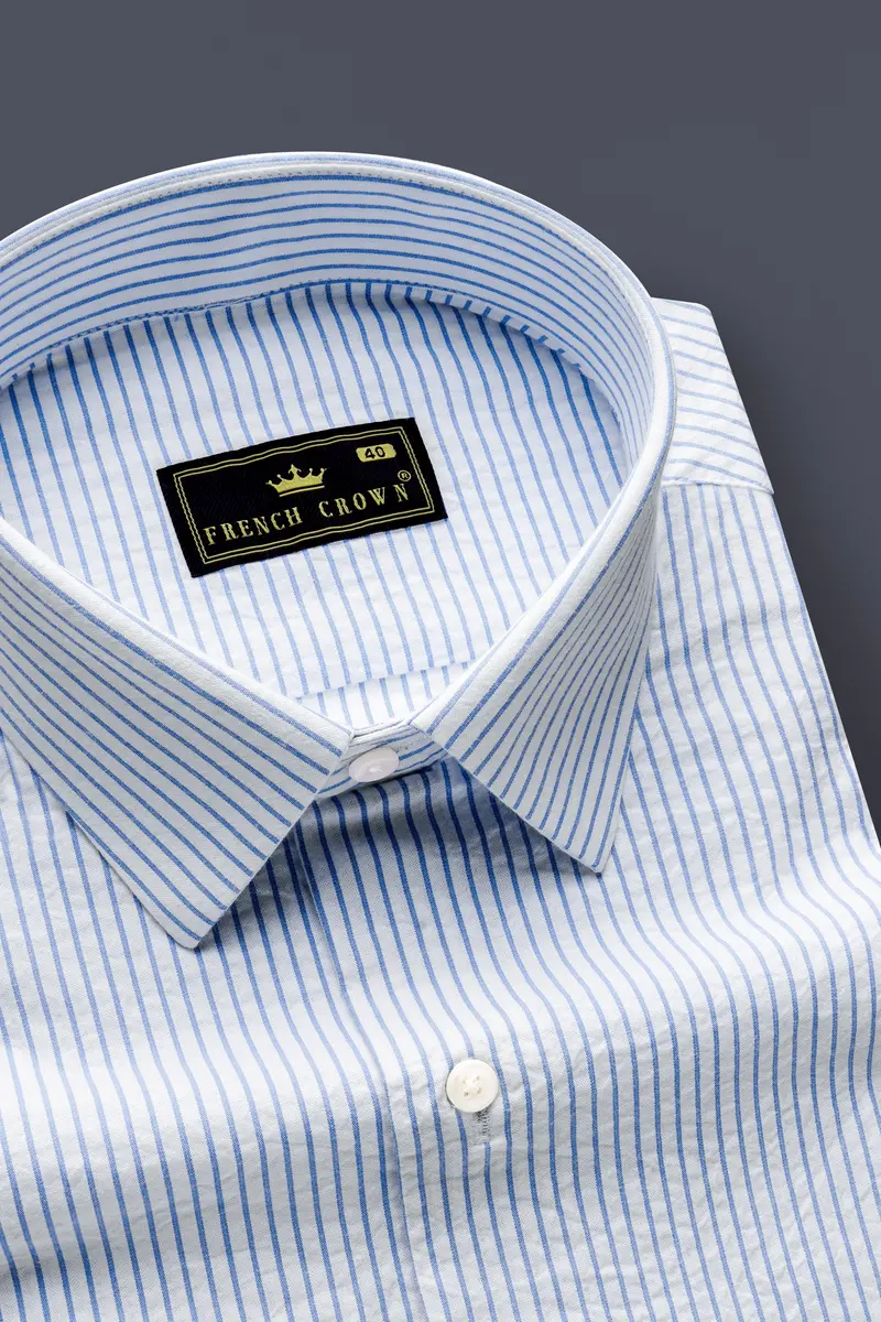Pinzaro-Spindle Blue And Bright White Striped Seersucker Giza Cotton Dress Shirt 2