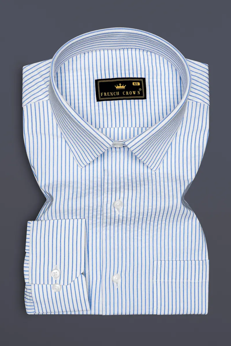 Pinzaro-Spindle Blue And Bright White Striped Seersucker Giza Cotton Dress Shirt 4