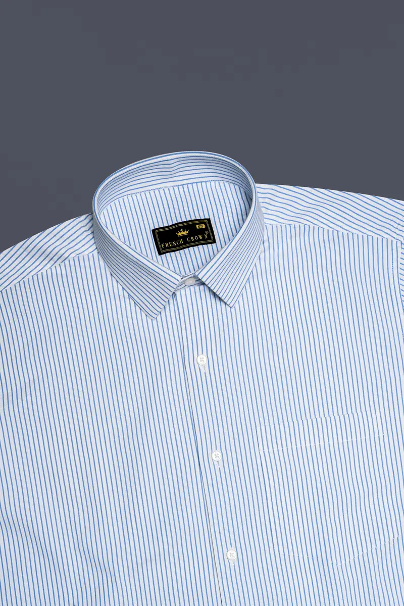 Pinzaro-Spindle Blue And Bright White Striped Seersucker Giza Cotton Dress Shirt 5