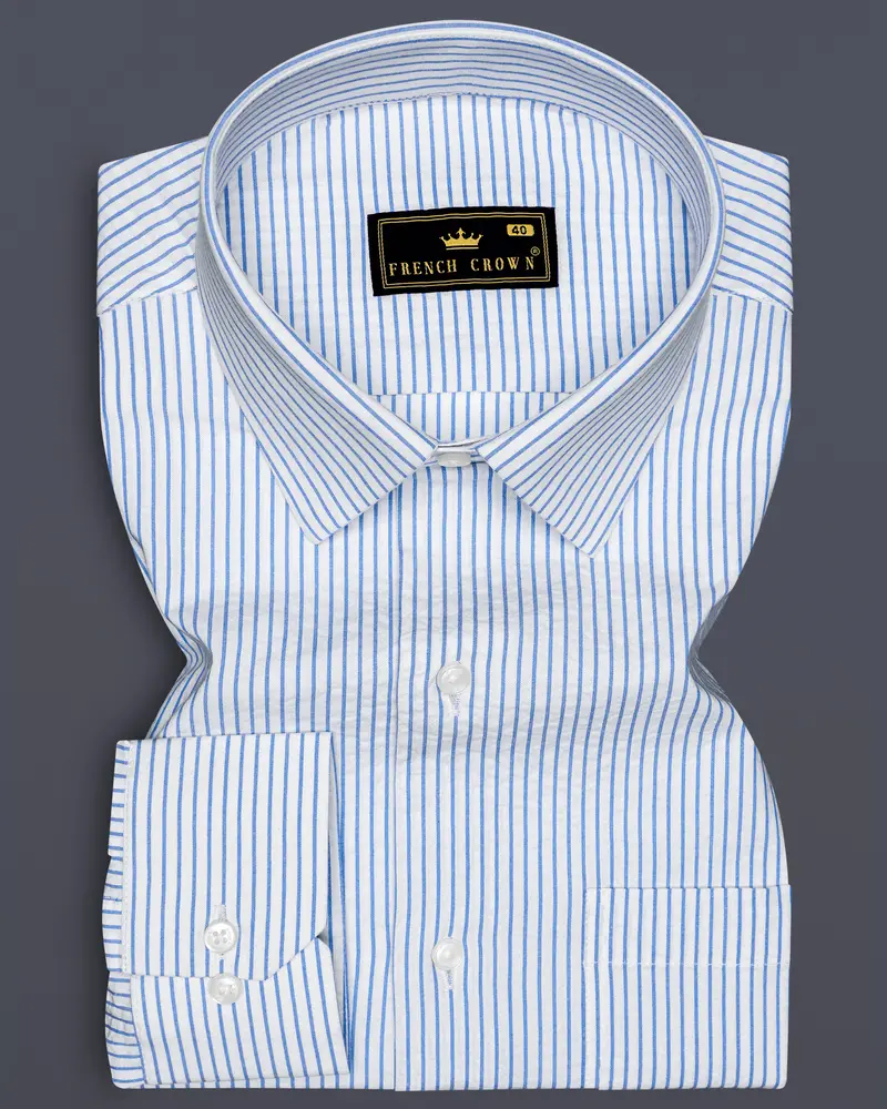 Pinzaro-Spindle Blue And Bright White Striped Seersucker Giza Cotton Dress Shirt 6