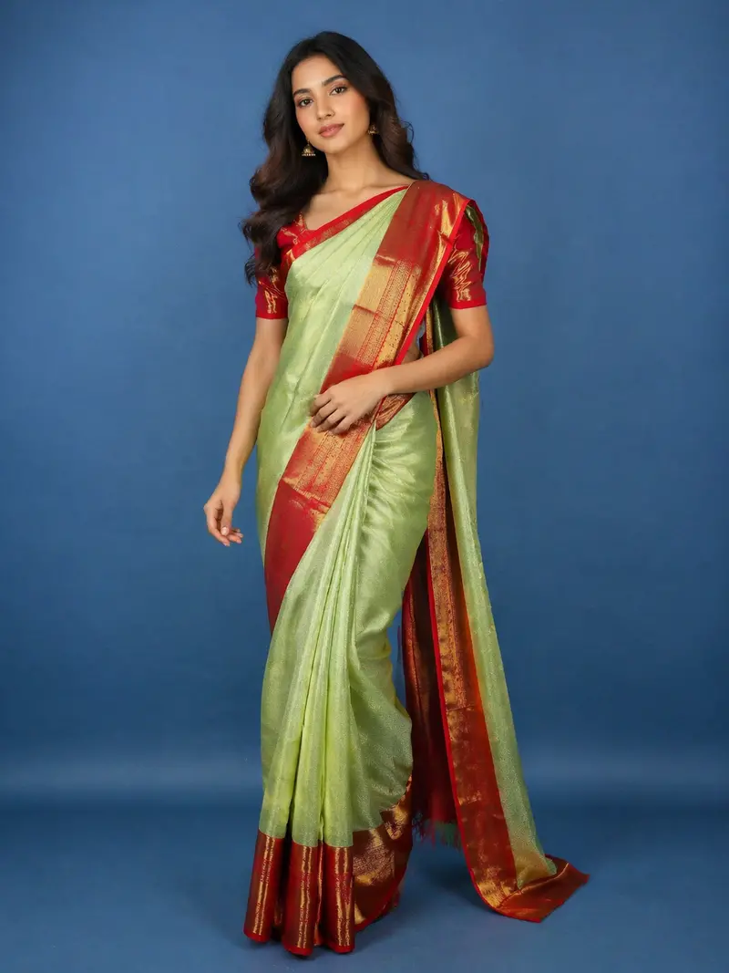 Pista Green Brocade Woven Pure Kanchipuram Silk Saree With Contrast Red Zari Border 1
