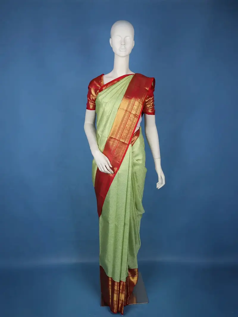Pista Green Brocade Woven Pure Kanchipuram Silk Saree With Contrast Red Zari Border 2
