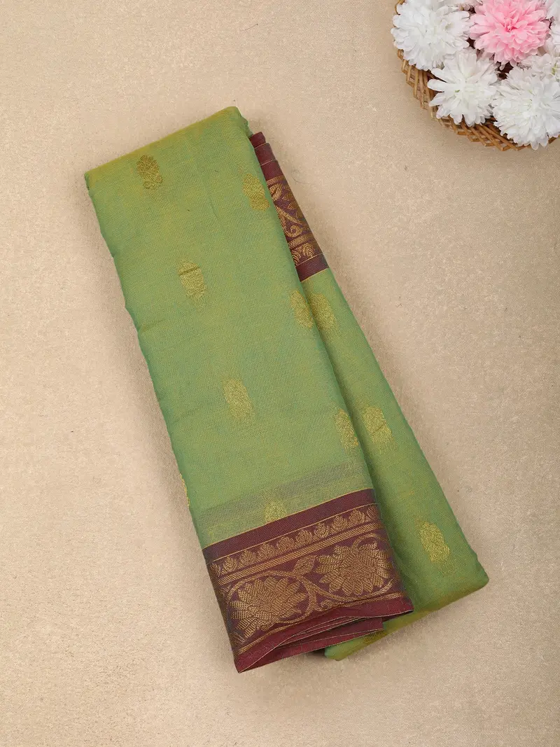 Pista Green Butta Woven Design Cotton Saree With Contrast Border 1