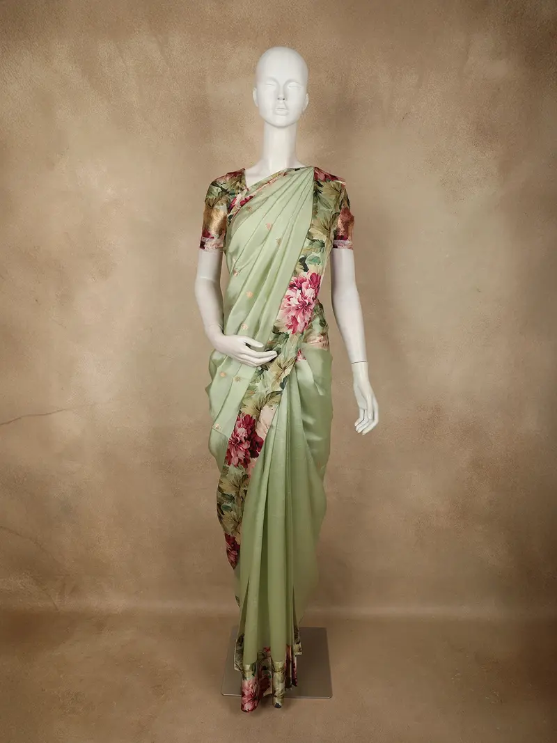 Pista Green Butta Woven Design Pure Crepe Silk Saree With Floral  Border 1