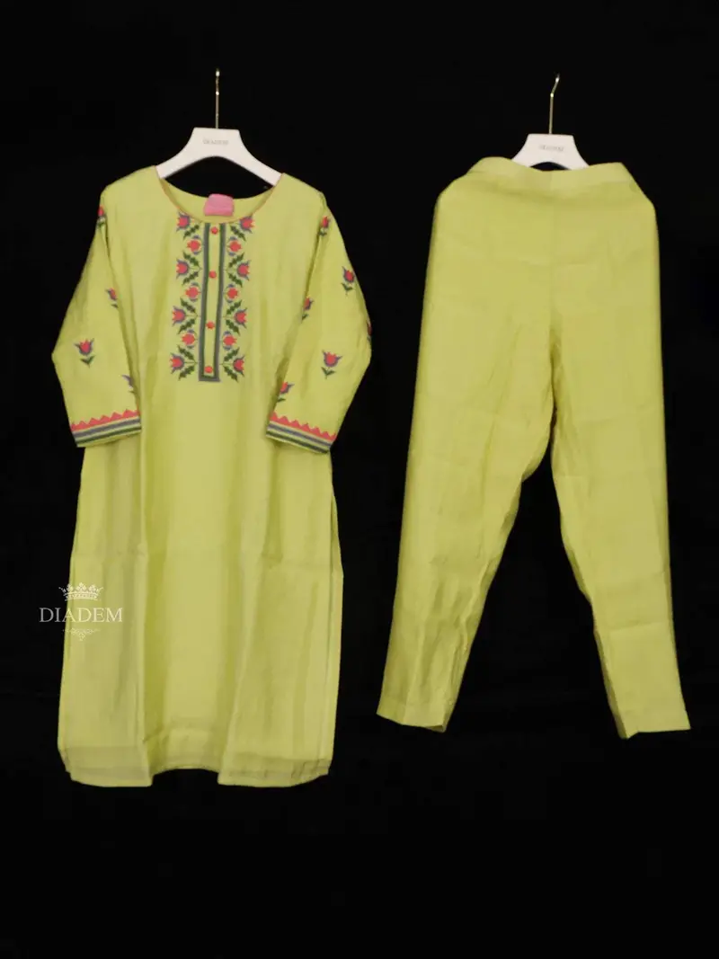 Pista Green Cotton Straight Cut Salwar Suit For Girls Adorned With Floral Threadwork Embroidery, Paired With Dupatta 1