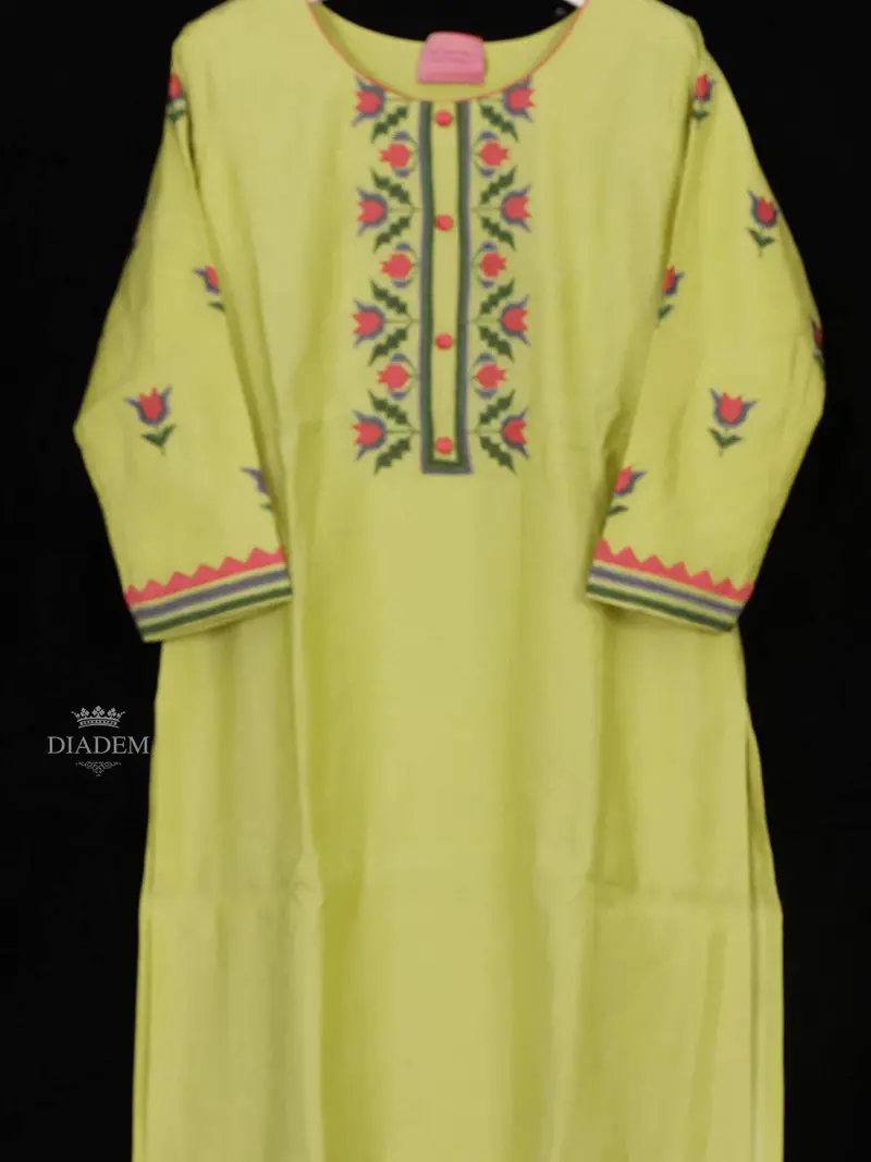 Pista Green Cotton Straight Cut Salwar Suit For Girls Adorned With Floral Threadwork Embroidery, Paired With Dupatta 2