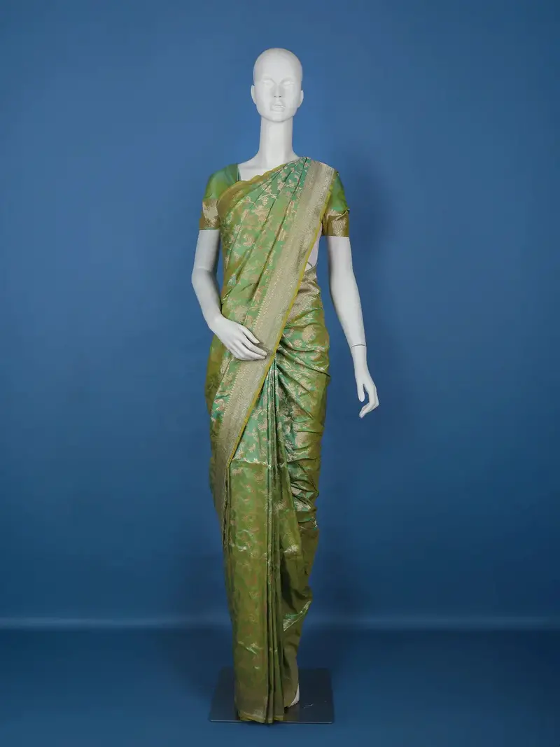 Pista Green Floral Design Banarasi Silk Saree 1