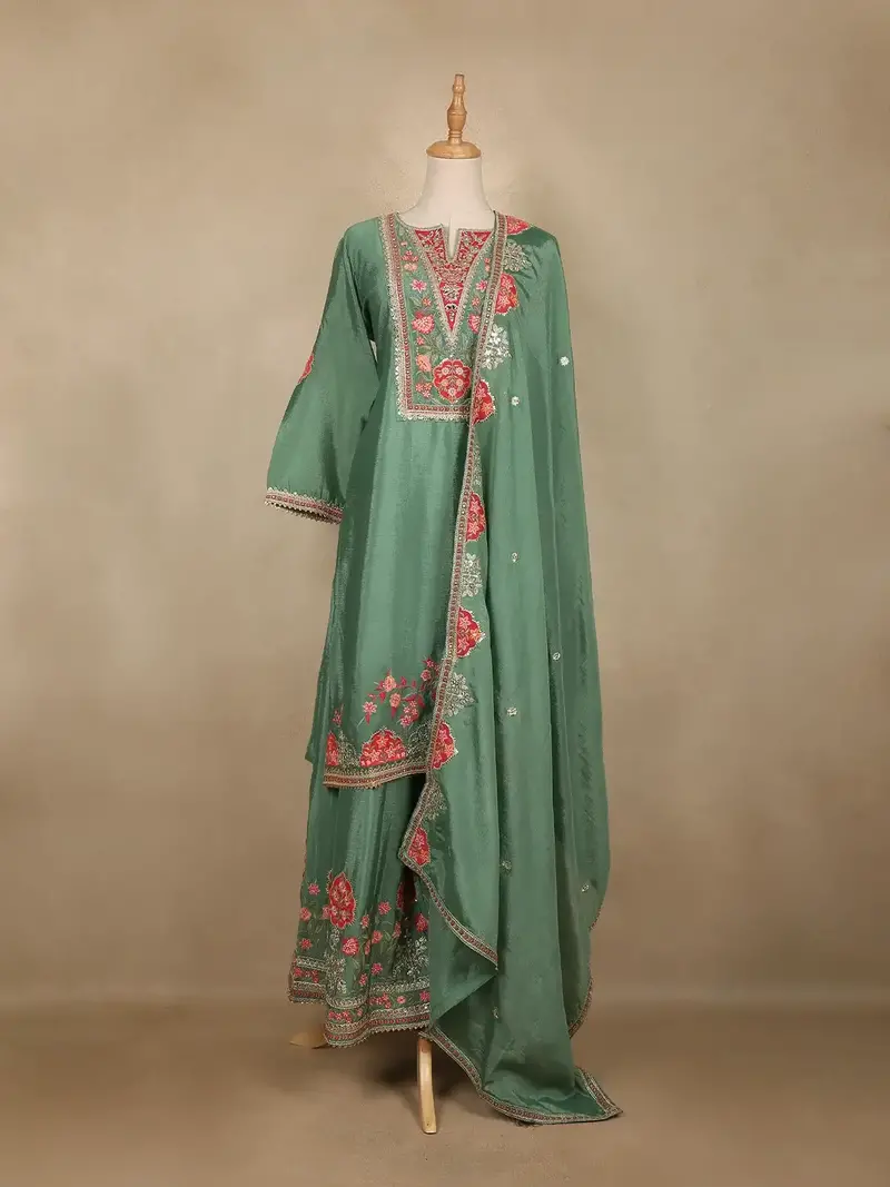 Pista Green Floral Design Georgette Palazzo Salwar Suit 1