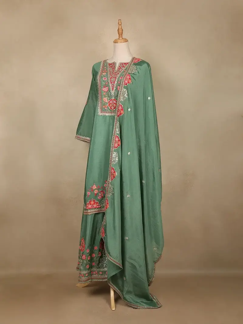 Pista Green Floral Design Georgette Palazzo Salwar Suit 2