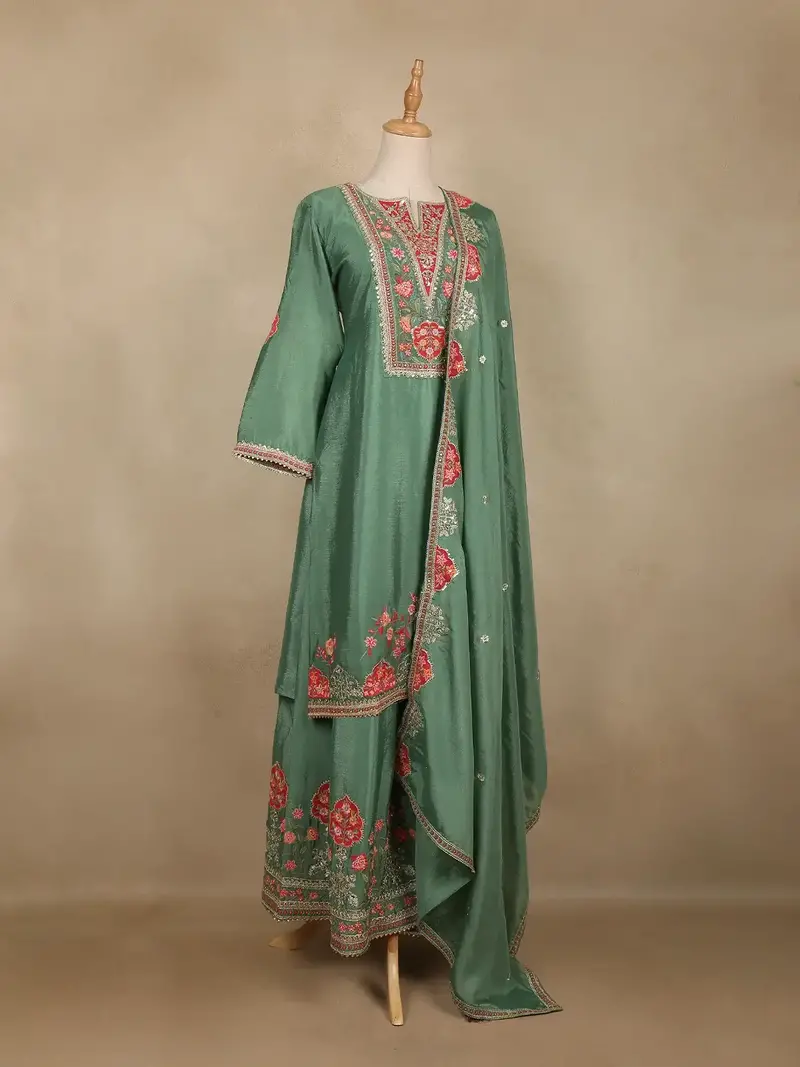 Pista Green Floral Design Georgette Palazzo Salwar Suit 3