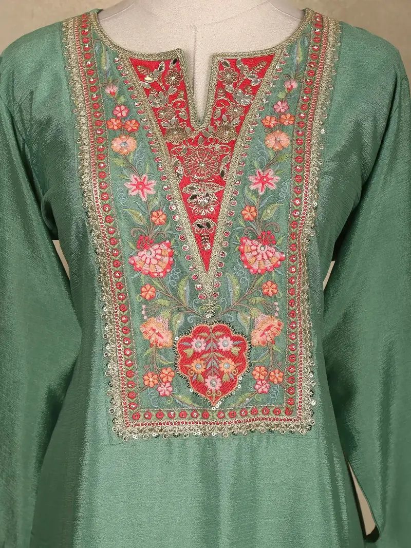 Pista Green Floral Design Georgette Palazzo Salwar Suit 4