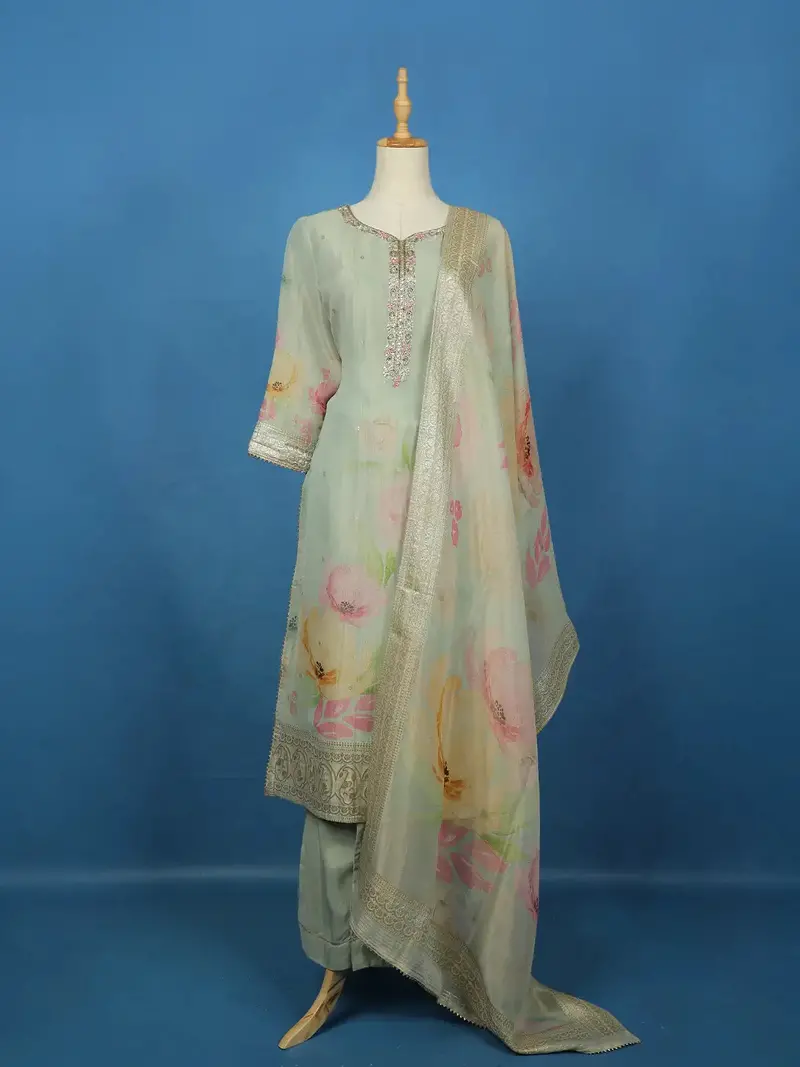 Pista Green Floral Design Organza Salwar Suit 1