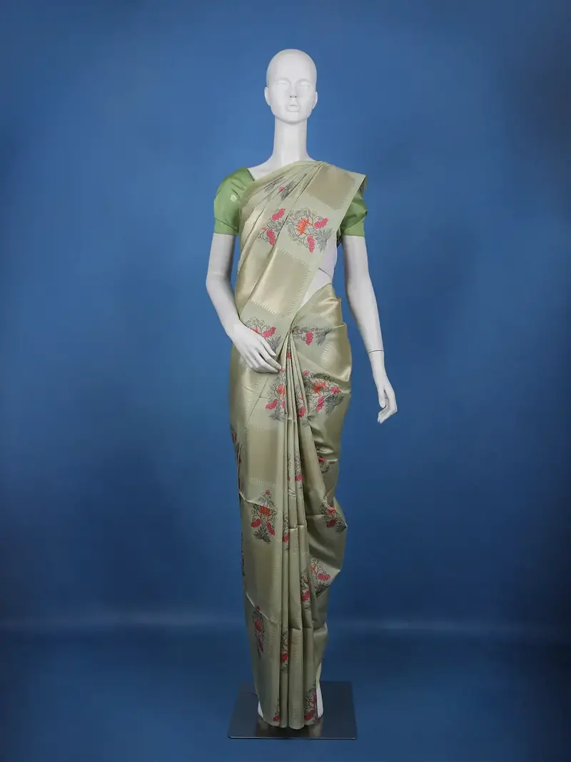 Pista Green Floral Design Semi Tissue Saree 1