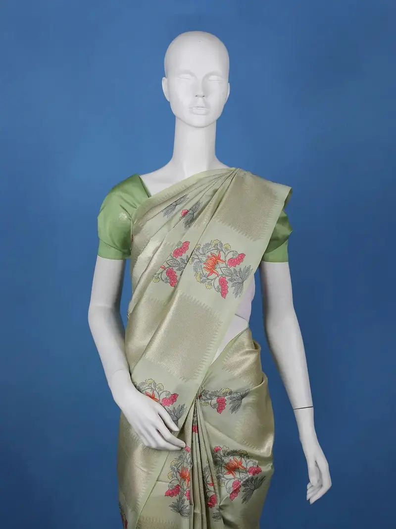 Pista Green Floral Design Semi Tissue Saree 2
