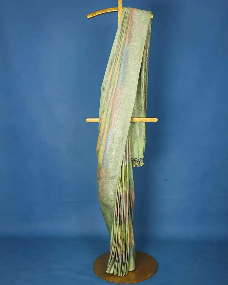 Pista Green Floral Designed Bridal Banarasi Silk Saree 1